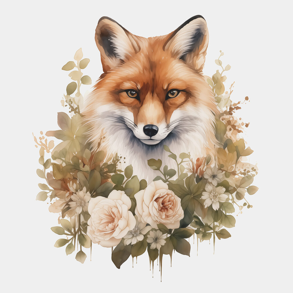 Fox with flowers around it