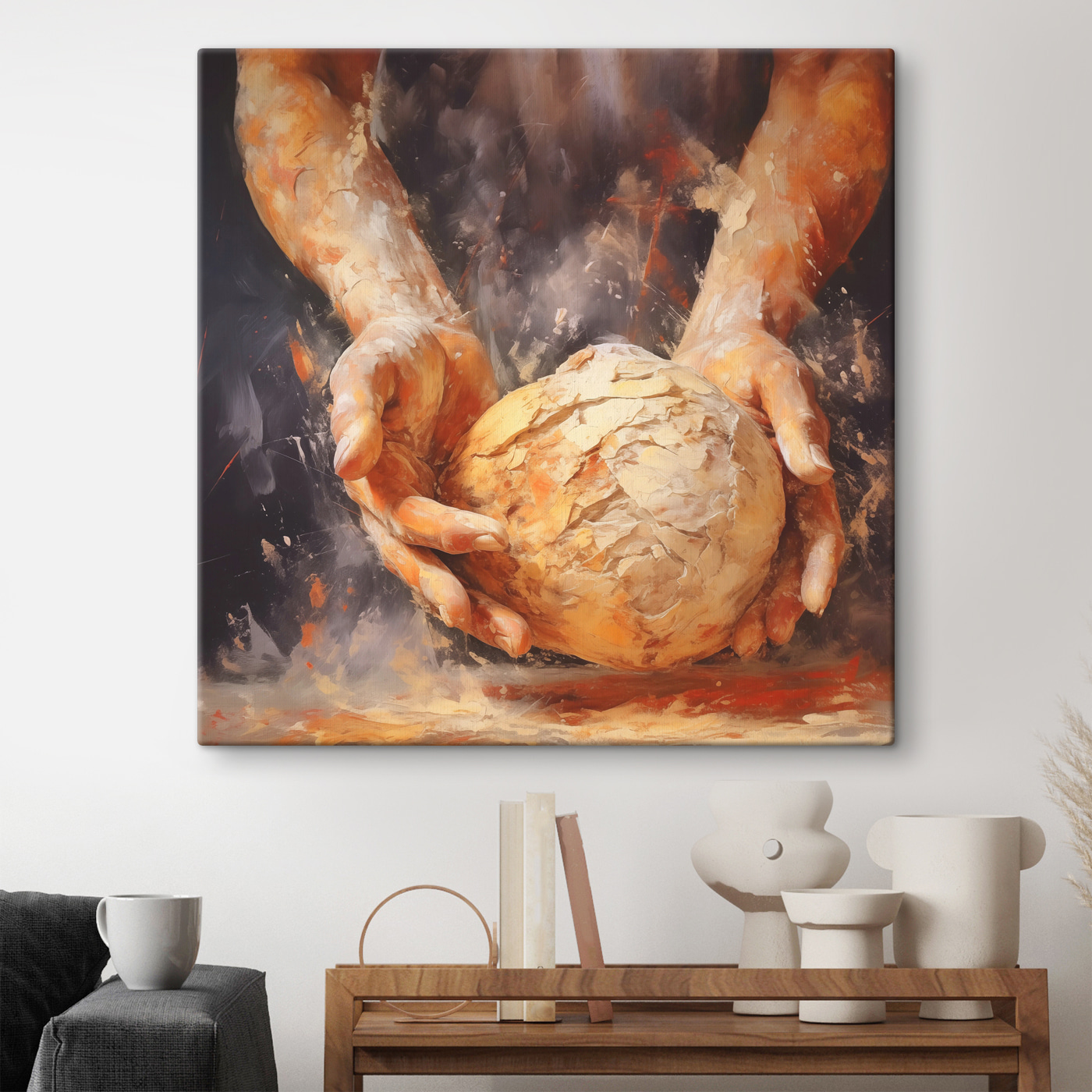 Painting of hands holding a ball of bread