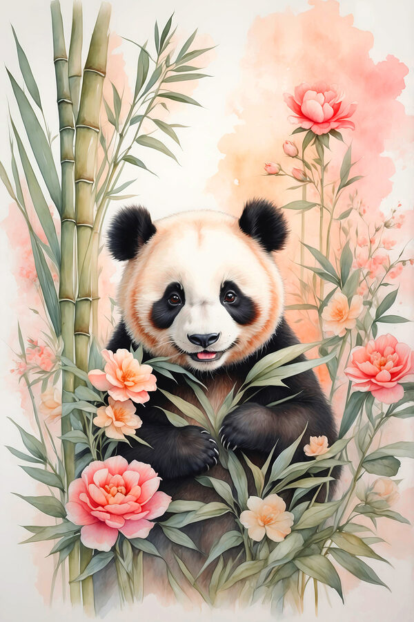 Miś panda z kwiatami i bambusem Miś panda z kwiatami i bambusem