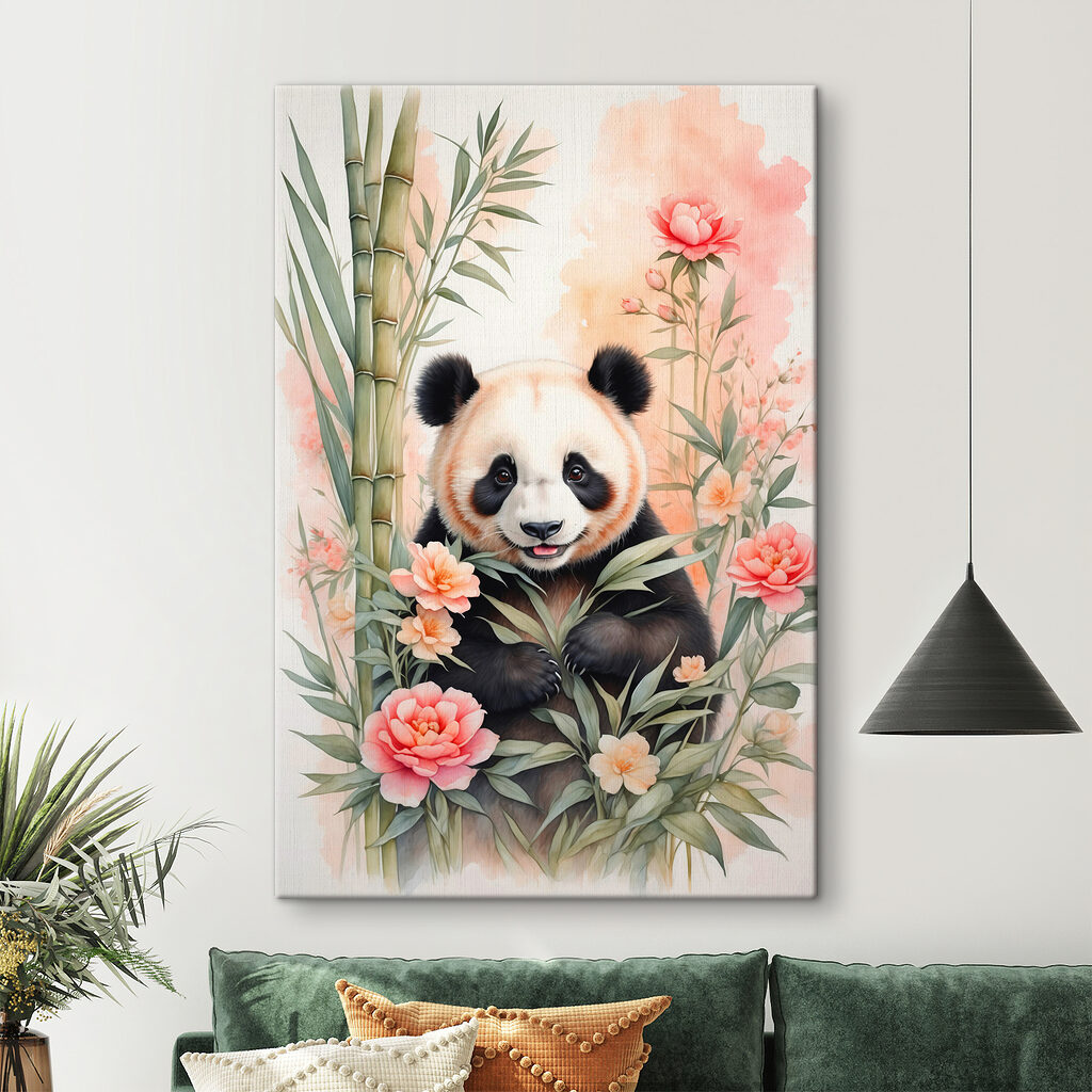Panda bear with flowers and bamboo