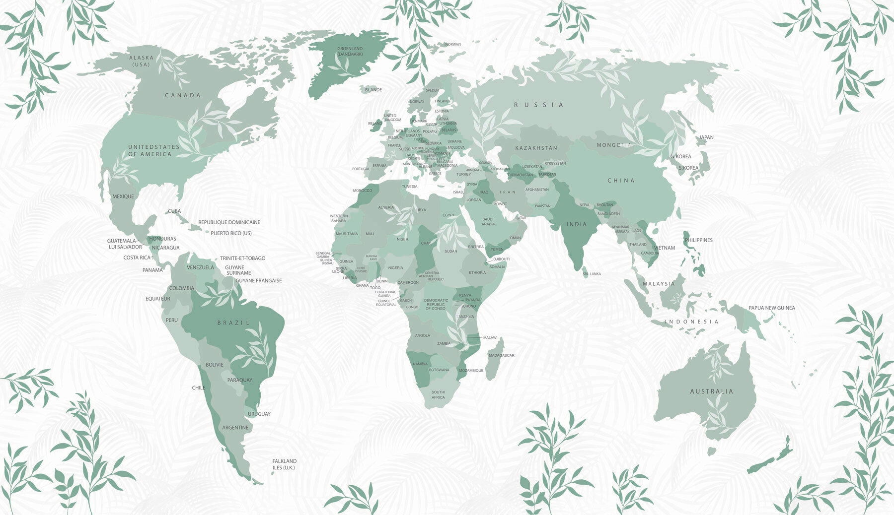 Map of the world with green leaves Map of the world with green leaves