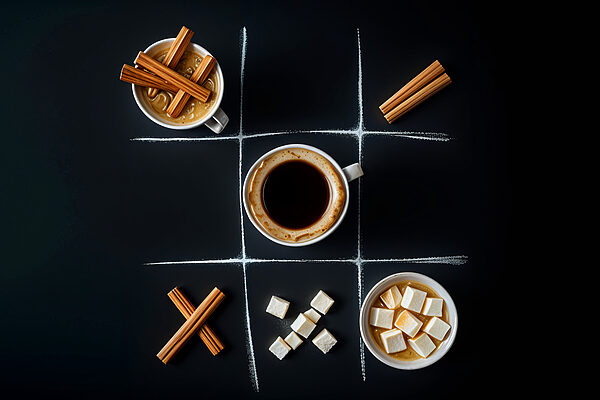 Gra w kółko i krzyżyk z kawą i piankami marshmallows Gra w kółko i krzyżyk z kawą i piankami marshmallows