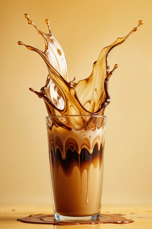 Glass of liquid with brown liquid splashing out