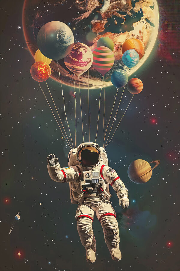 Astronauta unoszący się w przestrzeni kosmicznej z balonami Astronauta unoszący się w przestrzeni kosmicznej z balonami