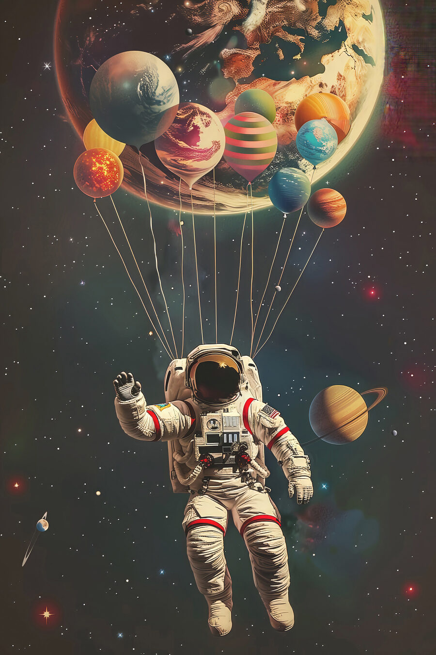 Astronauta unoszący się w przestrzeni kosmicznej z balonami