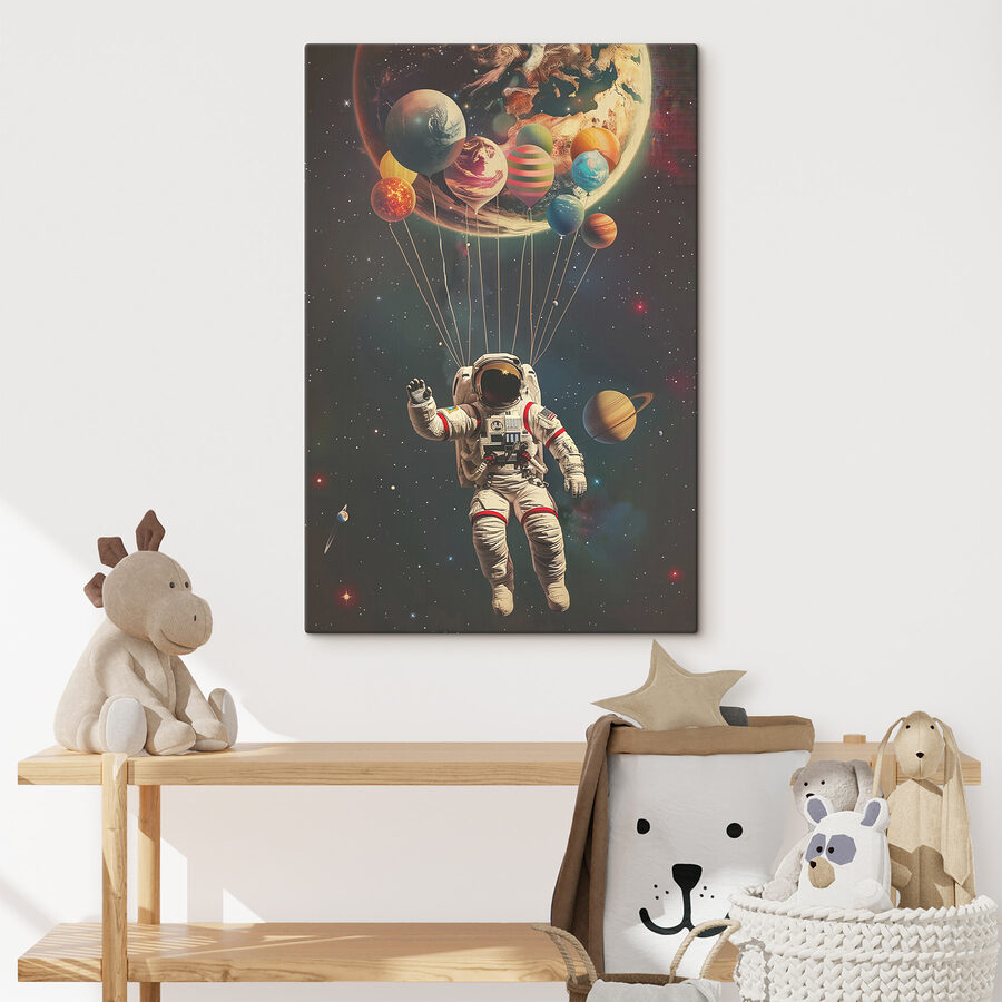 Astronauta unoszący się w przestrzeni kosmicznej z balonami