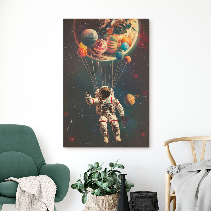 Astronauta unoszący się w przestrzeni kosmicznej z balonami