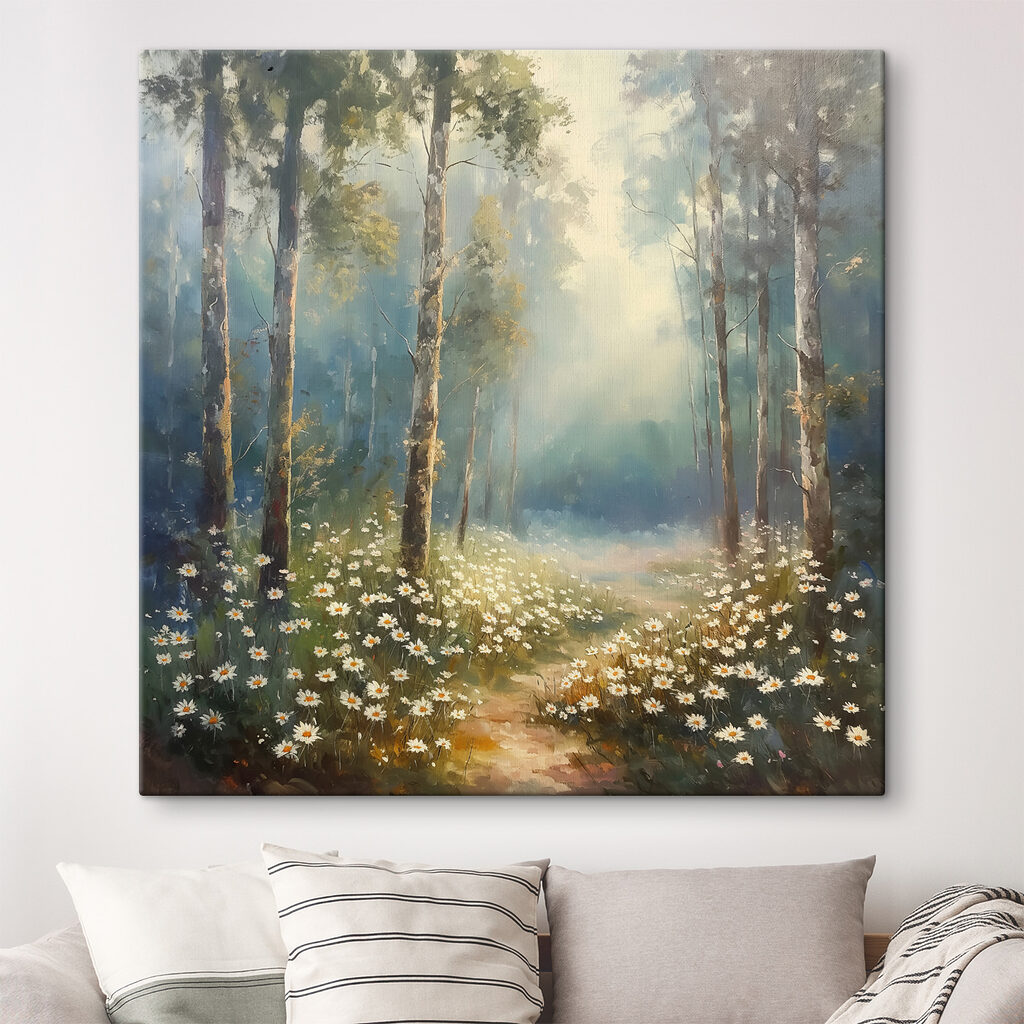 Painting of a forest with flowers and trees