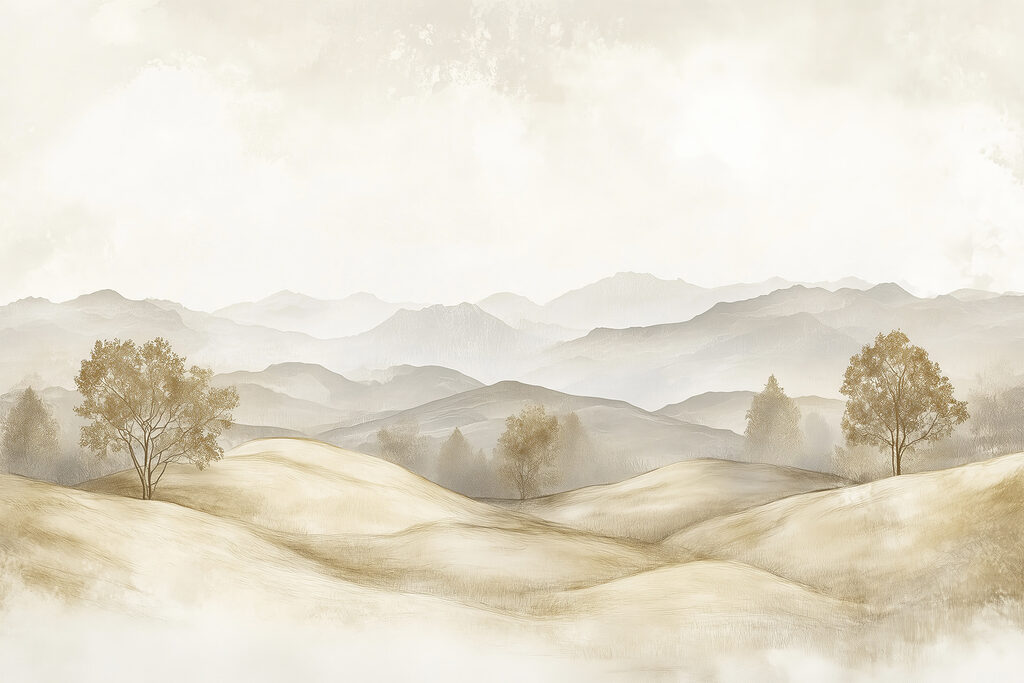 Landscape of hills with trees and mountains in the background Landscape of hills with trees and mountains in the background