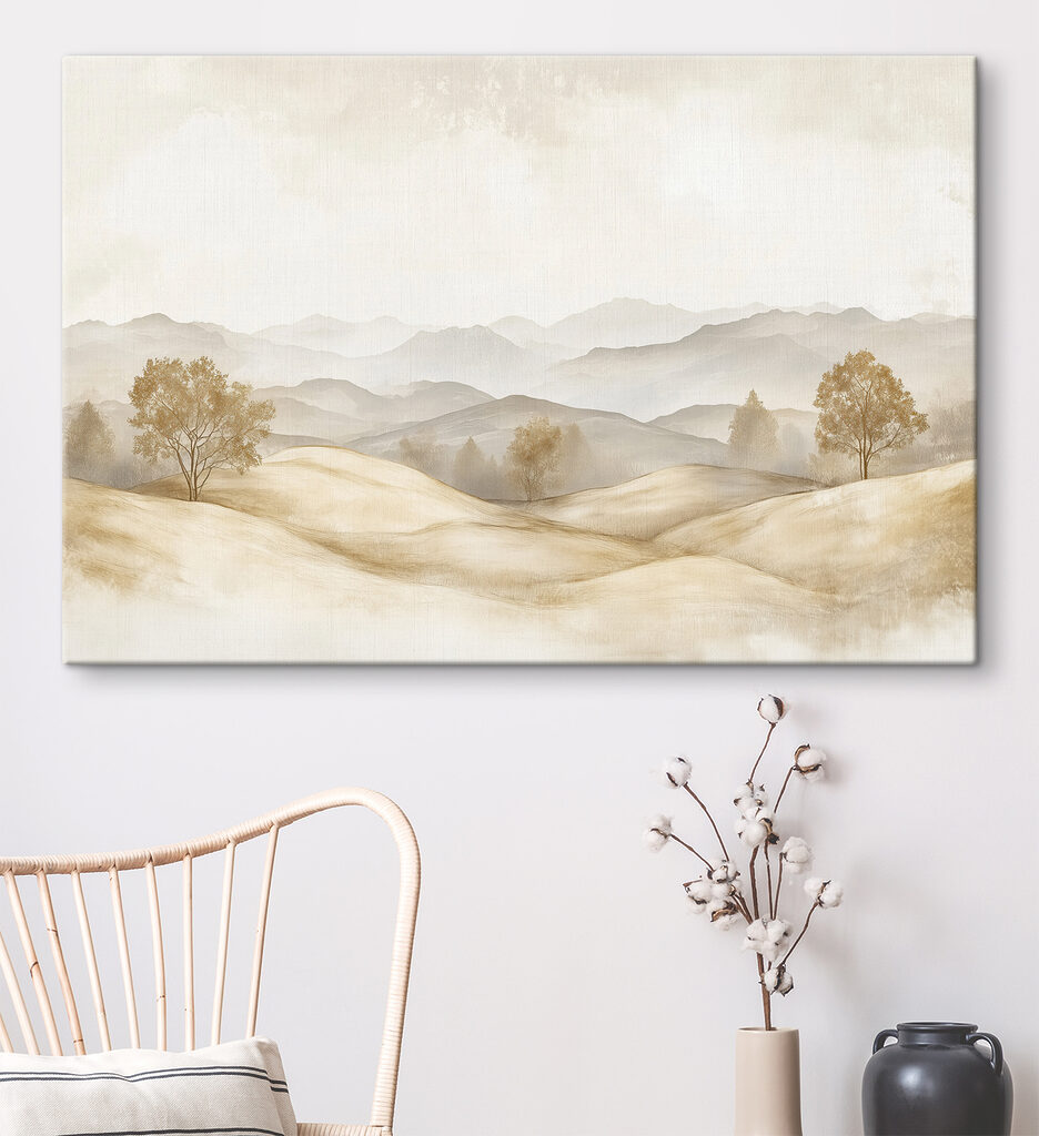 Landscape of hills with trees and mountains in the background Landscape of hills with trees and mountains in the background