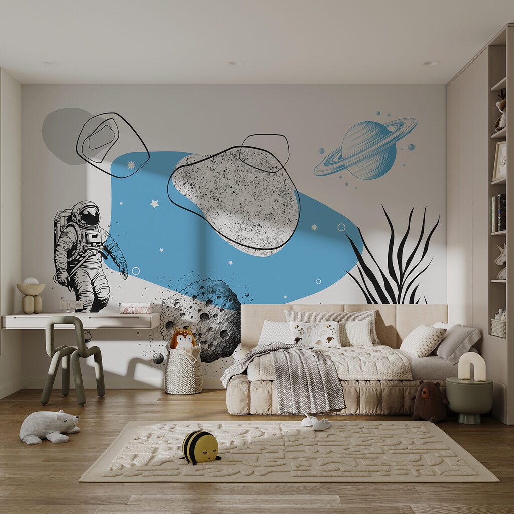 Drawing of an astronaut running in space