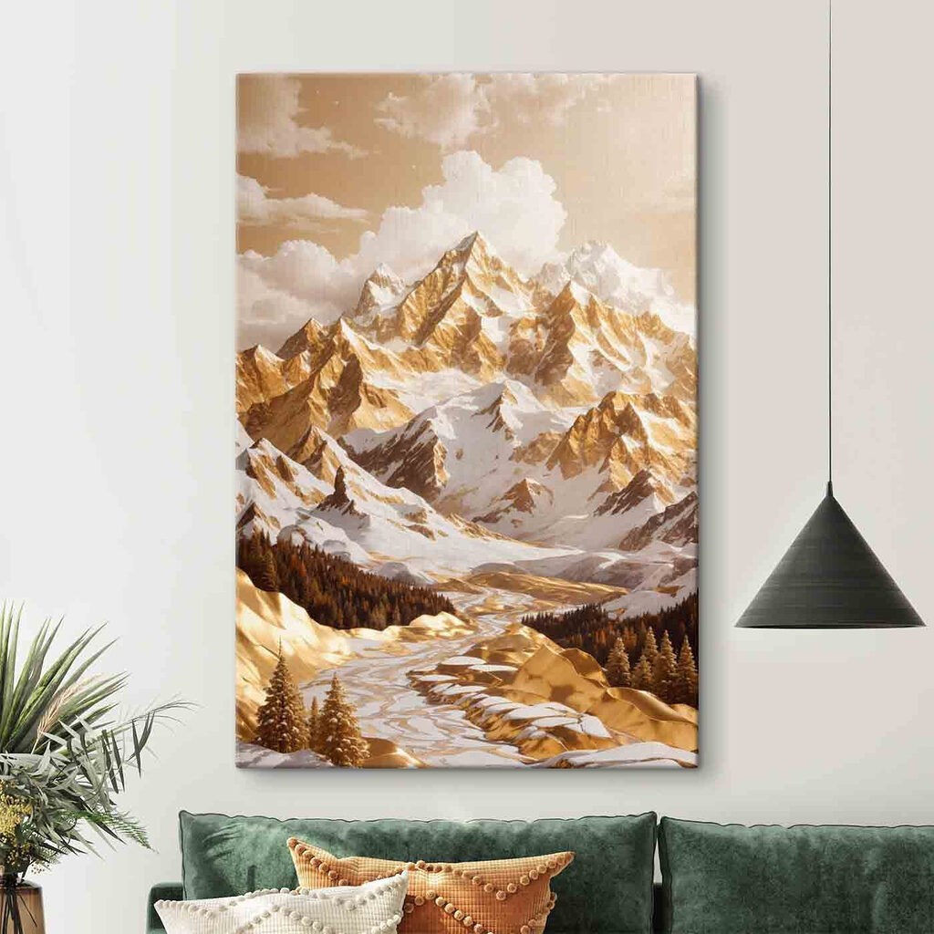 Snowy mountain range with trees