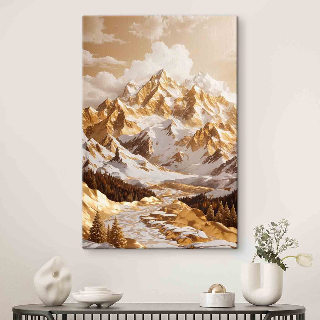 Snowy mountain range with trees