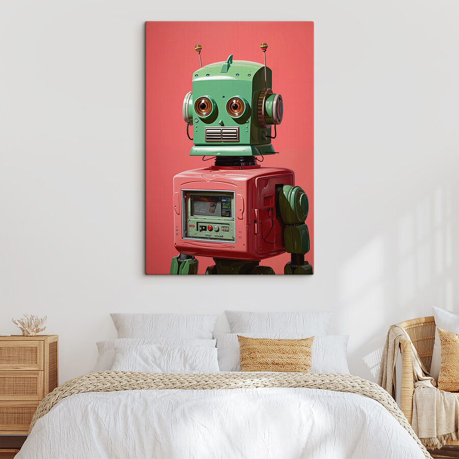 Zielono-różowy robot z dużymi oczami