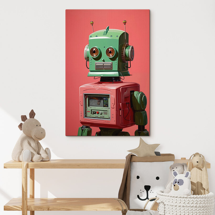 Zielono-różowy robot z dużymi oczami
