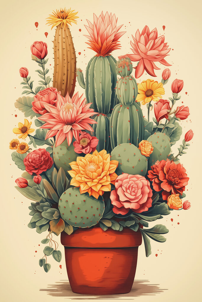 Cactus and flowers in a pot Cactus and flowers in a pot
