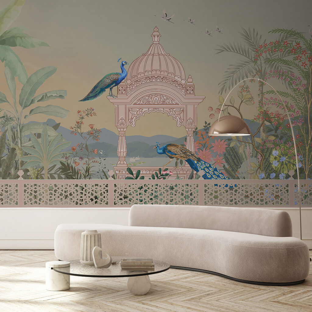 Mural of a building with a roof and birds