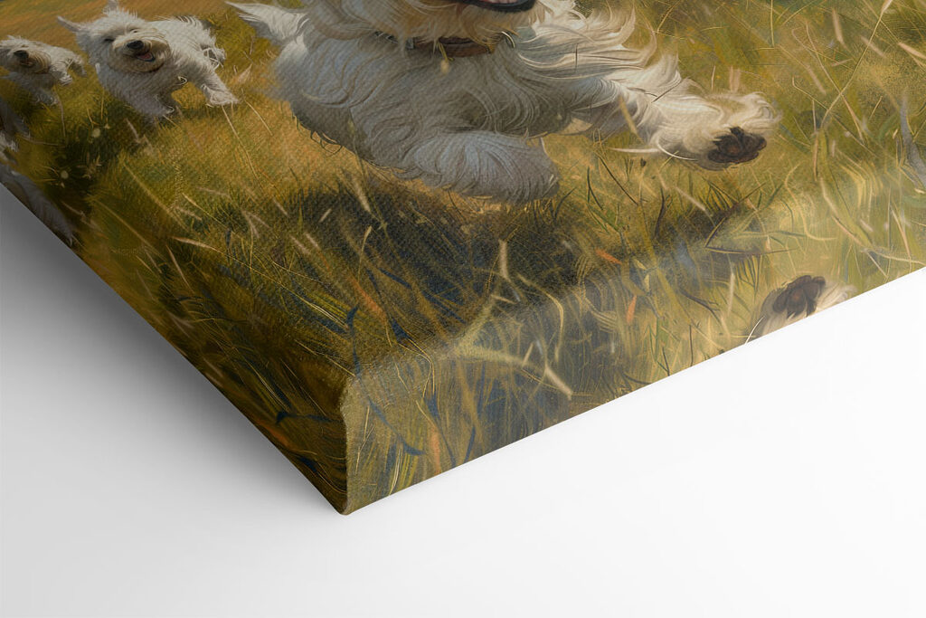 Group of white dogs running in a field