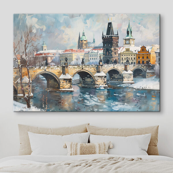 Most nad wodą z budynkami i śniegiem Most nad wodą z budynkami i śniegiem