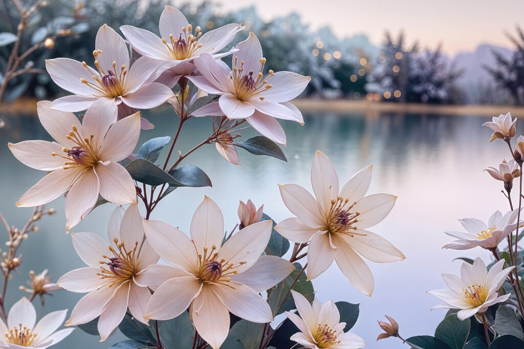 Group of white flowers next to a body of water