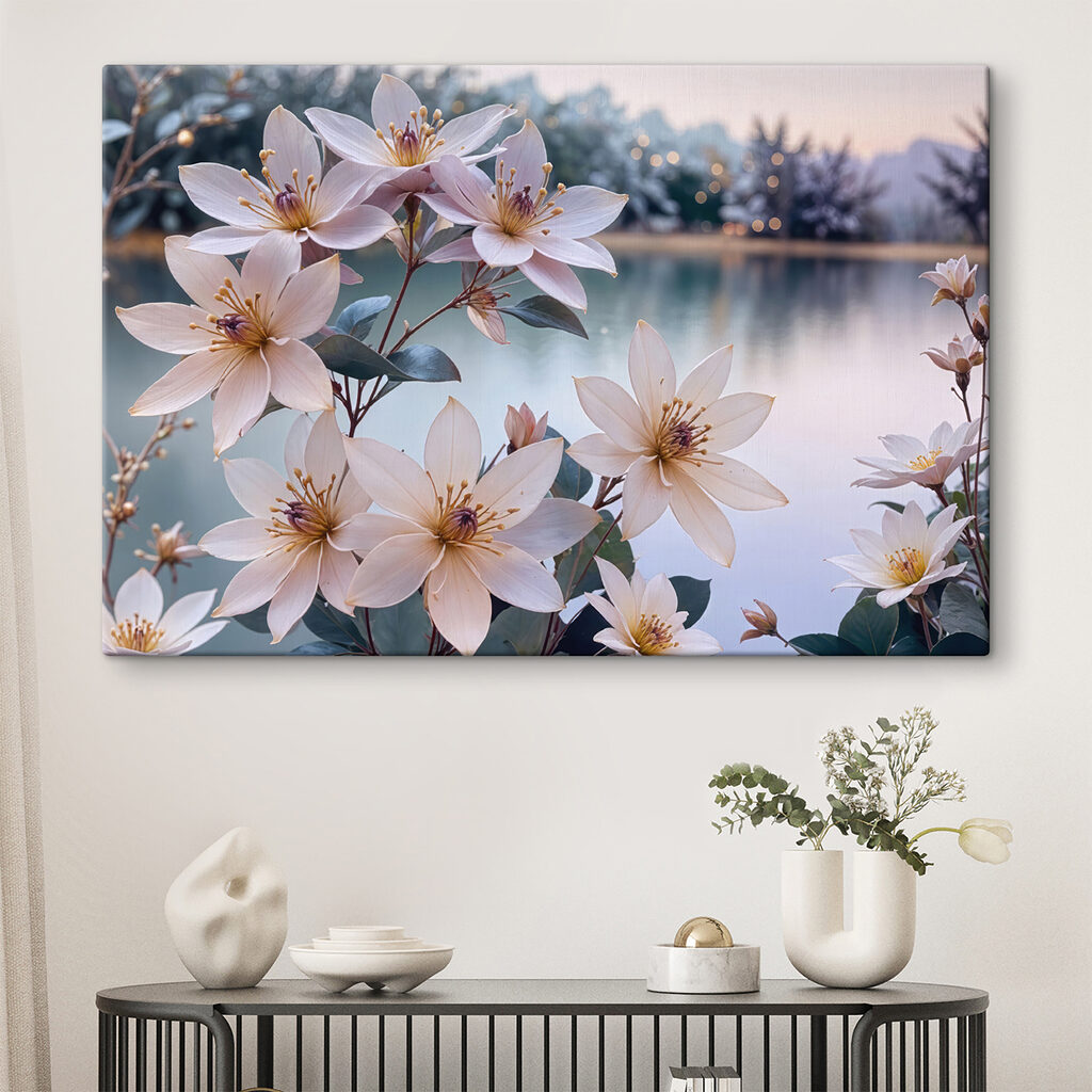 Group of white flowers next to a body of water