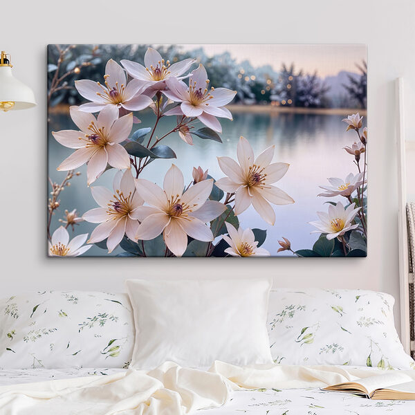 Group of white flowers next to a body of water