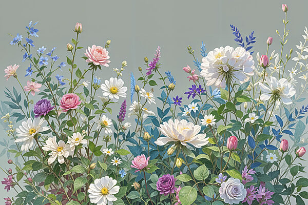 Group of flowers and leaves