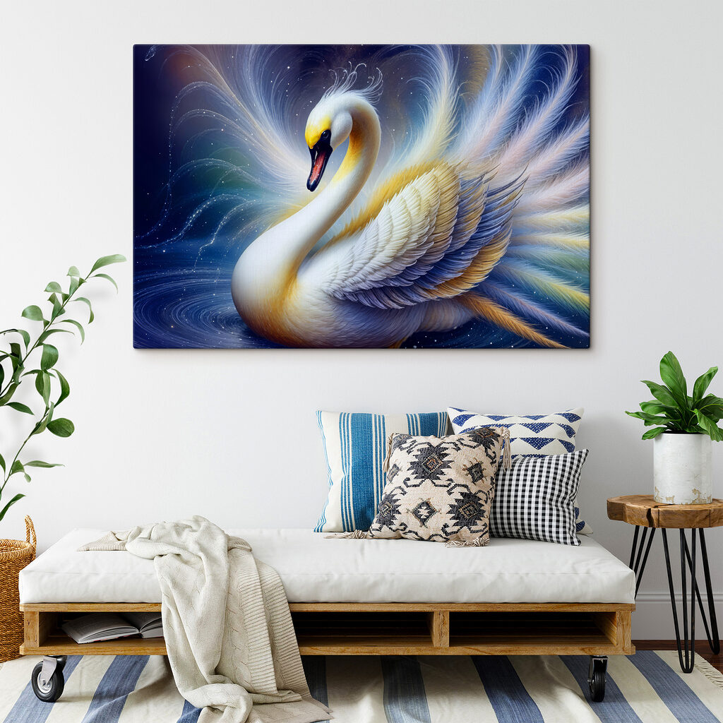 White swan with yellow and blue feathers White swan with yellow and blue feathers