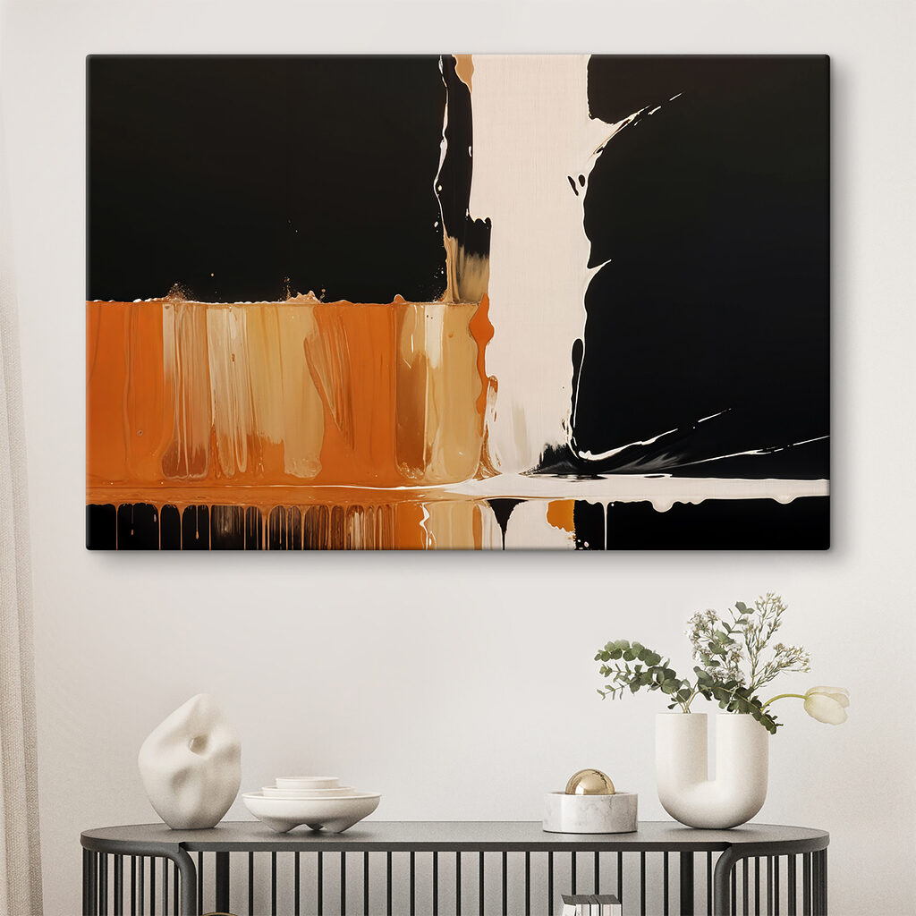 White and orange paint dripping down a black surface