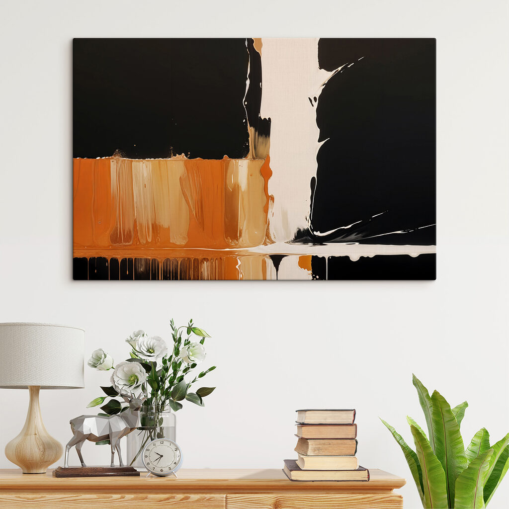 White and orange paint dripping down a black surface