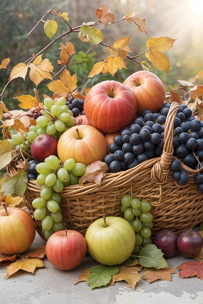 Basket of fruit with leaves Basket of fruit with leaves