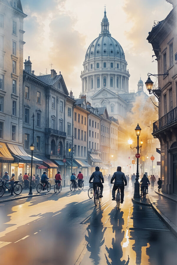 Group of people riding bicycles in a city