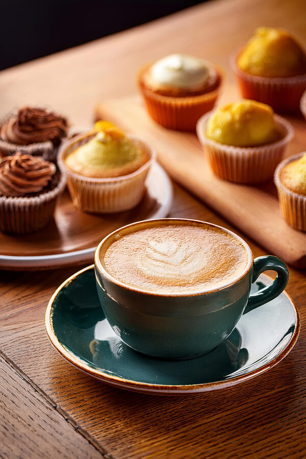 Cup of coffee and cupcakes on a table Cup of coffee and cupcakes on a table