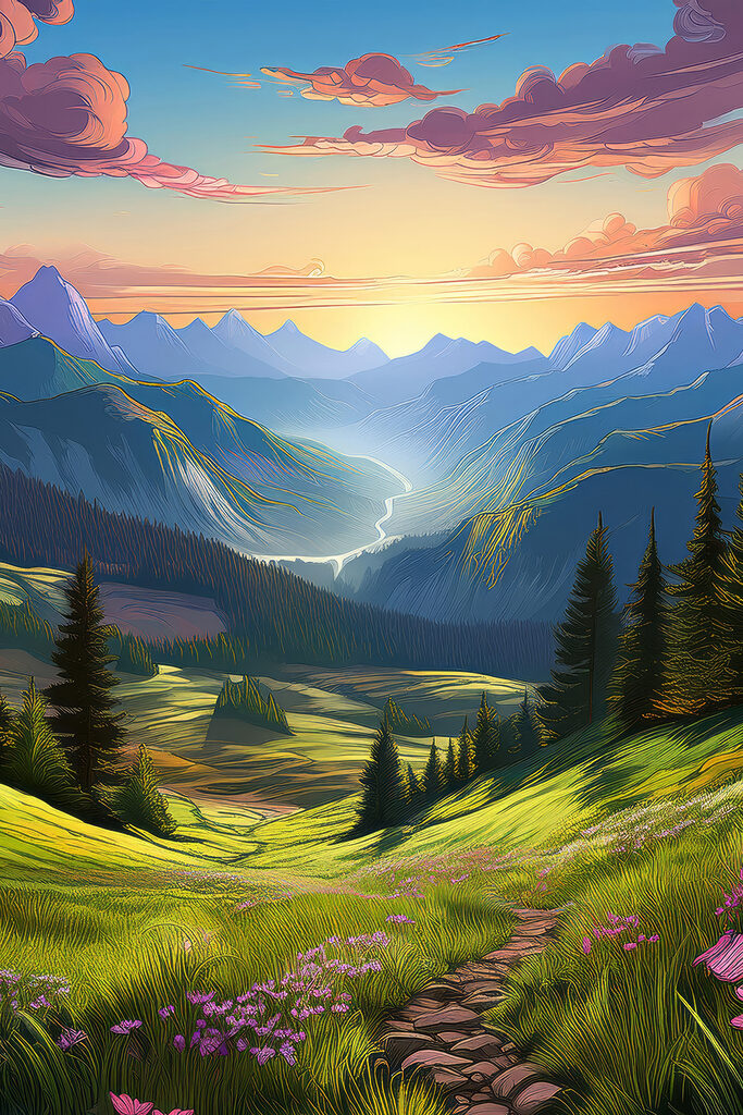 Landscape of mountains and trees Landscape of mountains and trees