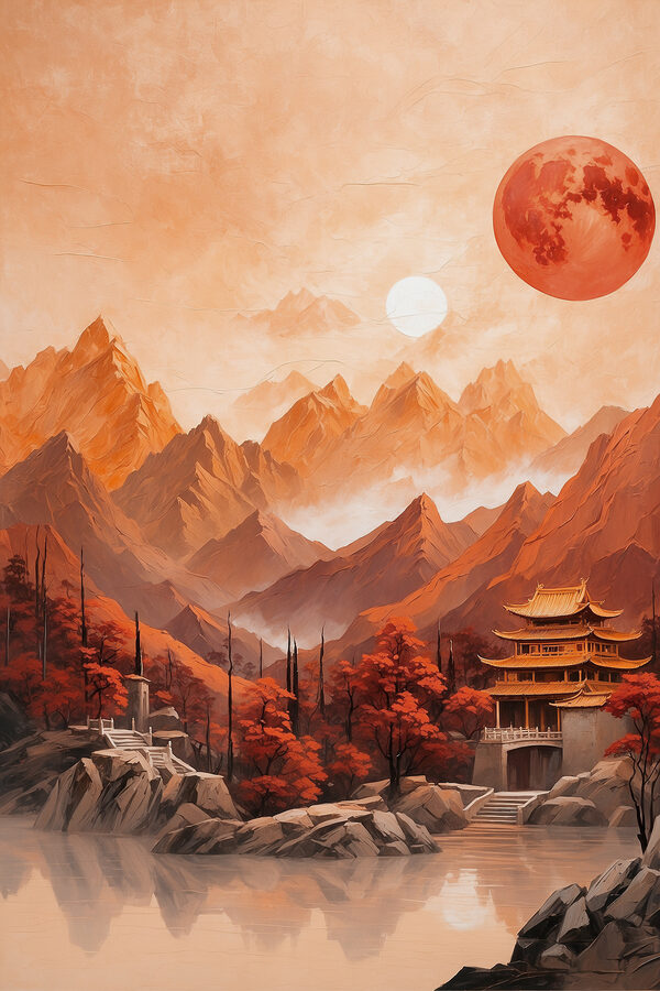 Painting of a temple in the mountains