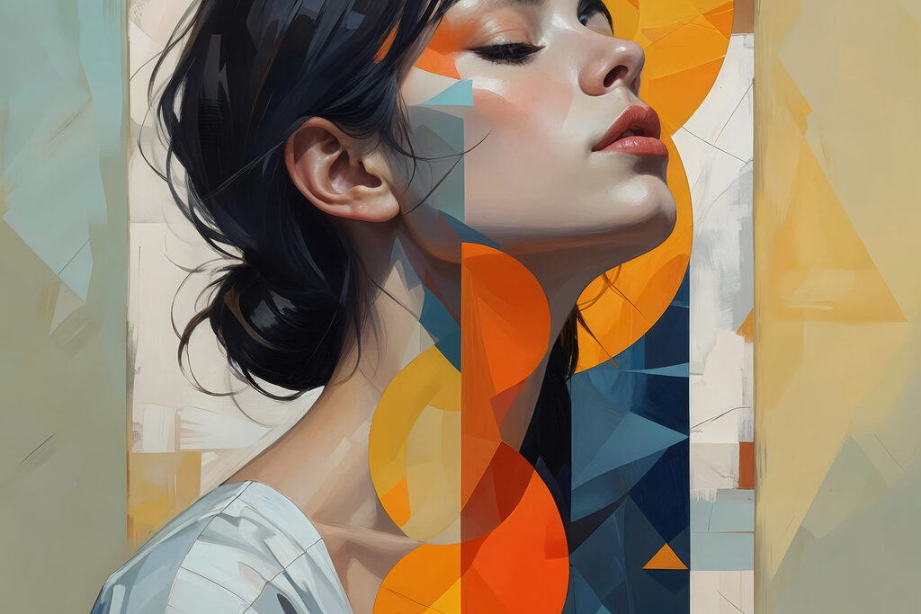 Woman with black hair and orange and blue circles