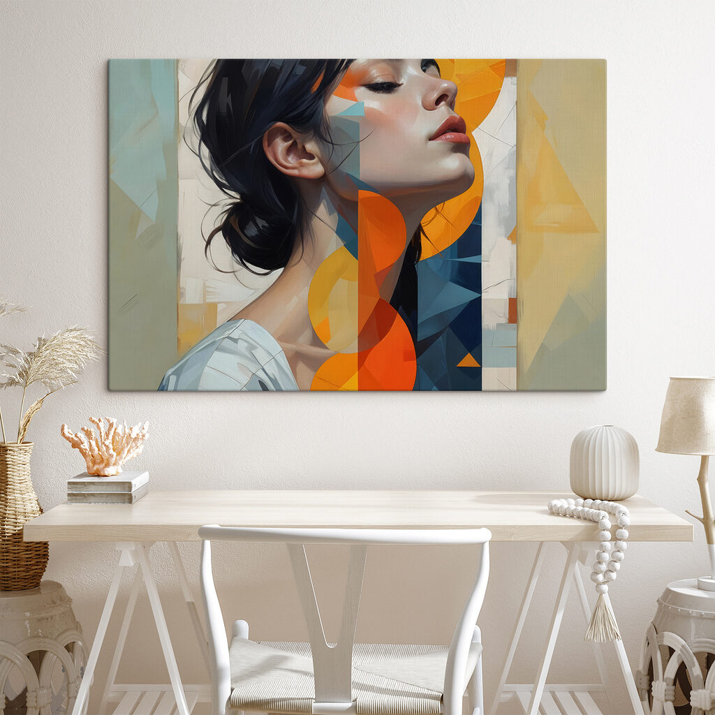 Woman with black hair and orange and blue circles