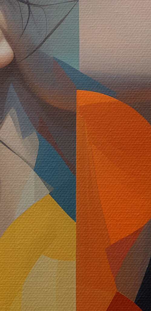 Woman with black hair and orange and blue circles