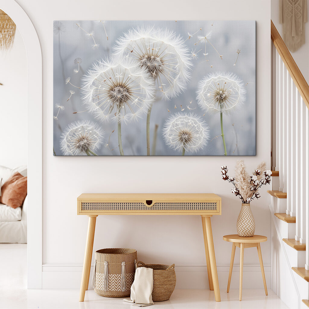 Group of dandelions with seeds flying