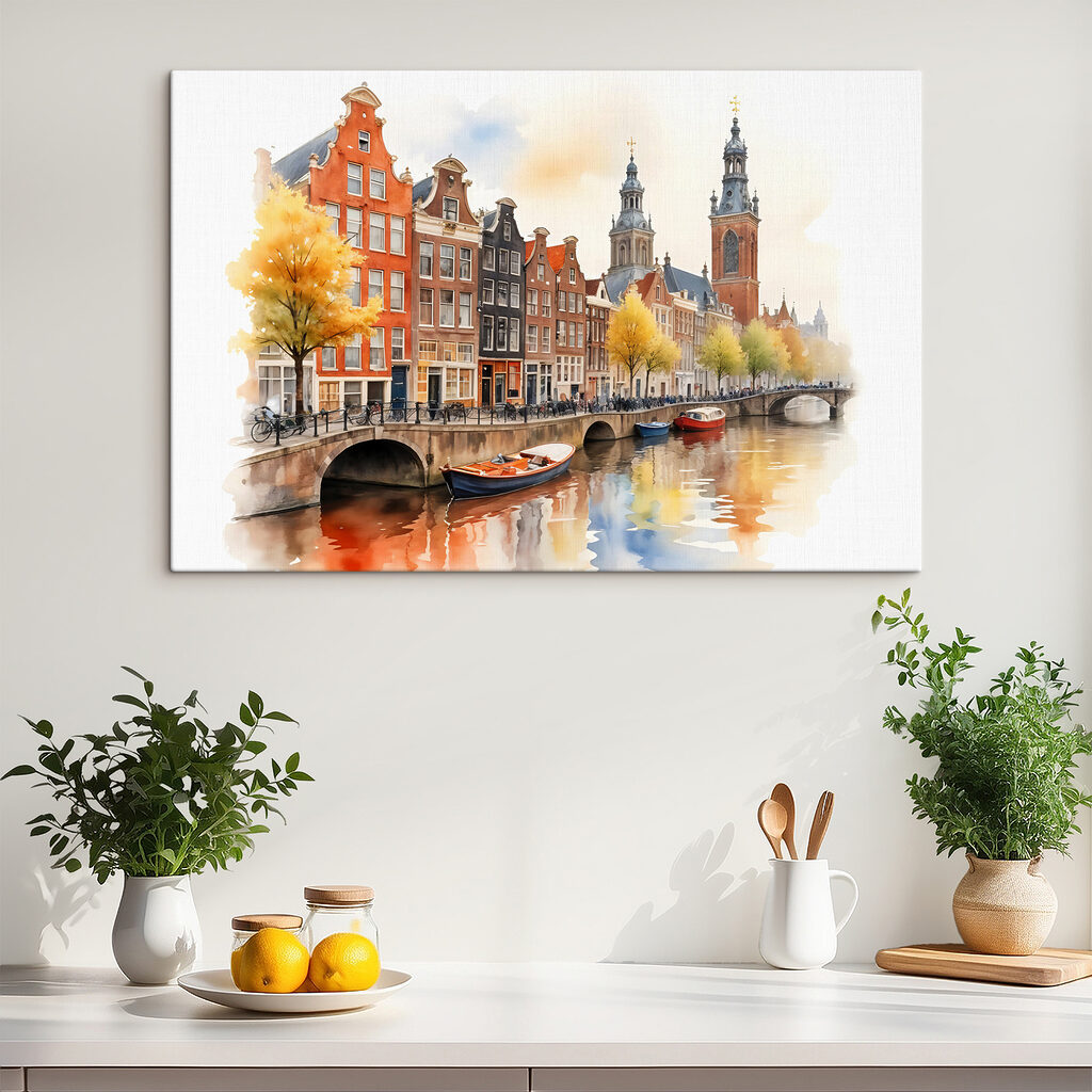 Akwarela kanału z łodziami i budynkami s40561pik401m 1024x1024 - Akwarela kanału z łodziami i budynkami
