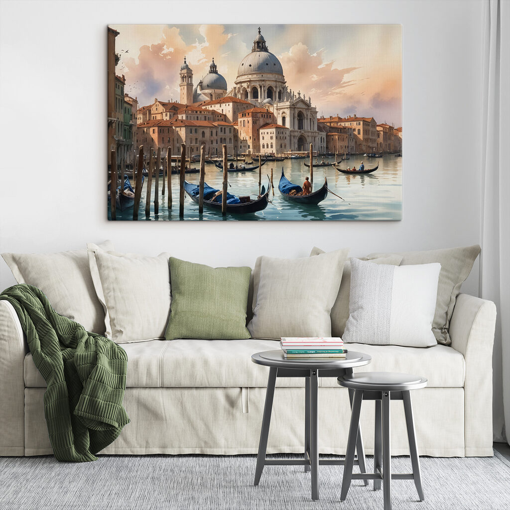 Group of gondolas in a body of water with a large building in the background Group of gondolas in a body of water with a large building in the background