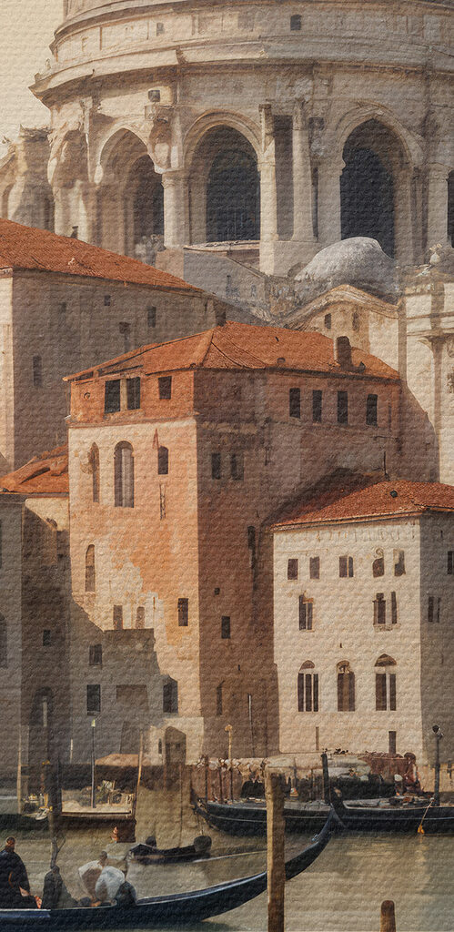 Group of gondolas in a body of water with a large building in the background Group of gondolas in a body of water with a large building in the background