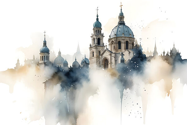 Building with domes and a white sky Building with domes and a white sky