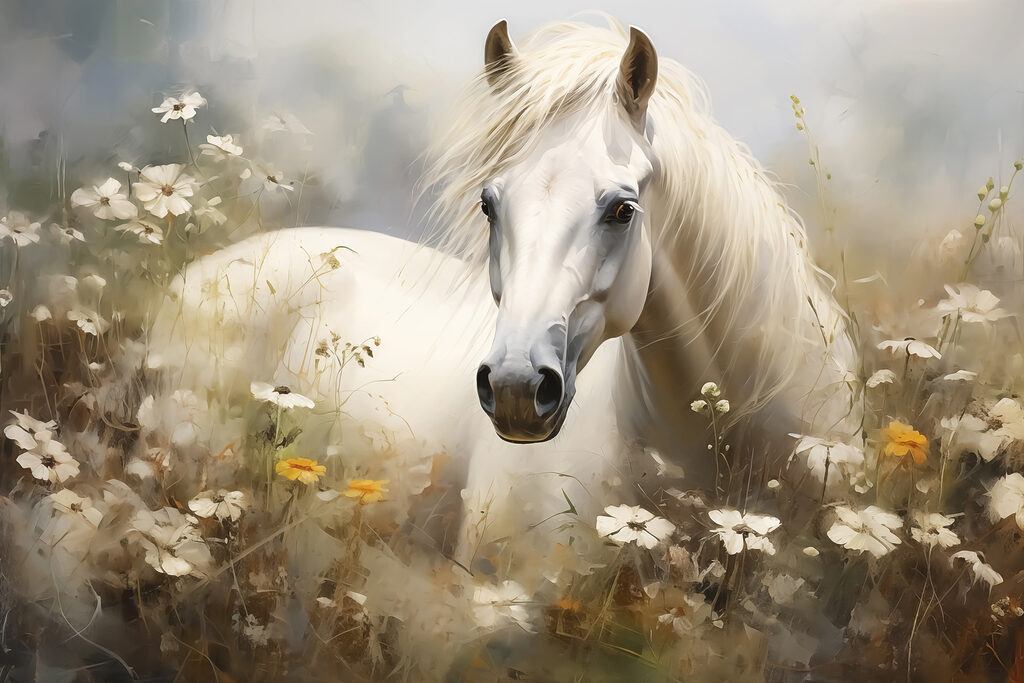 White horse in a field of flowers