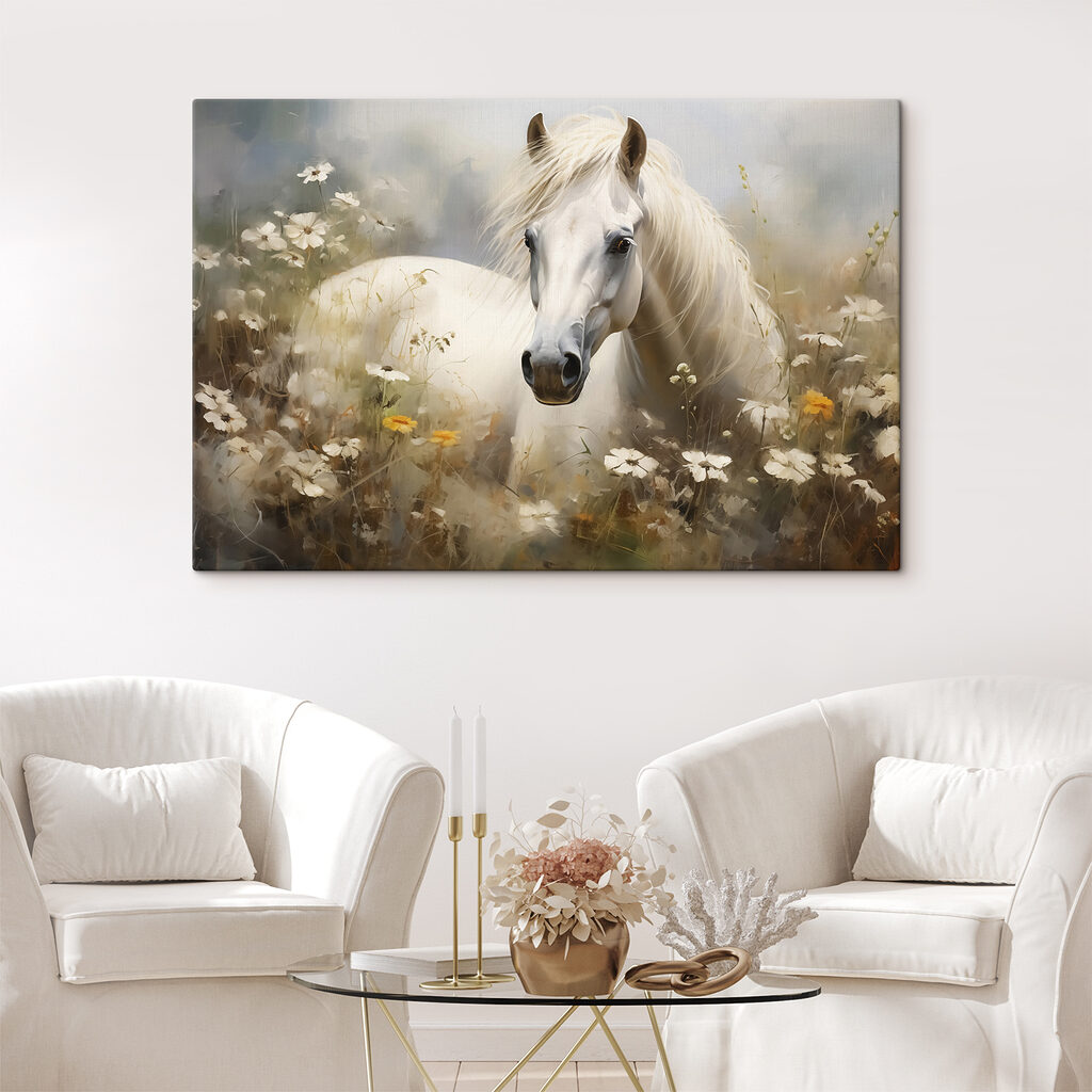 White horse in a field of flowers