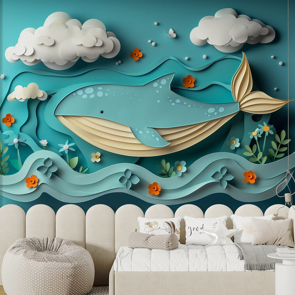 Paper cut whale in the ocean