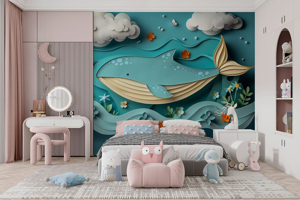 Paper cut whale in the ocean