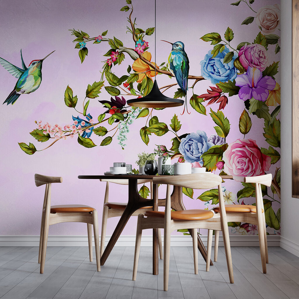Painting of birds on a branch with flowers