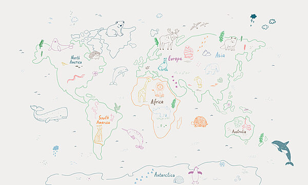 Mapa świata ze zwierzętami i tekstem Mapa świata ze zwierzętami i tekstem