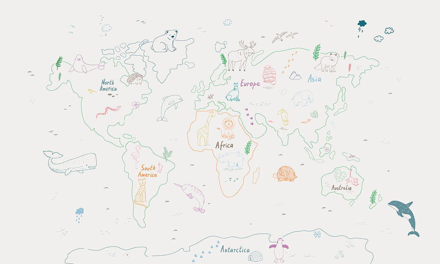 Mapa świata ze zwierzętami i tekstem